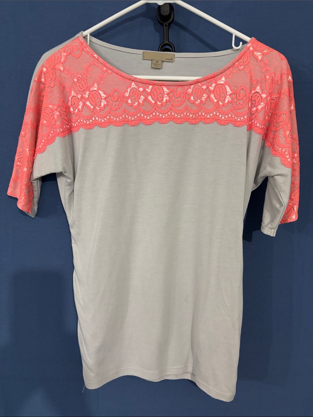 One A Light Gray Tee with Coral Lace Yoke and Sleeves